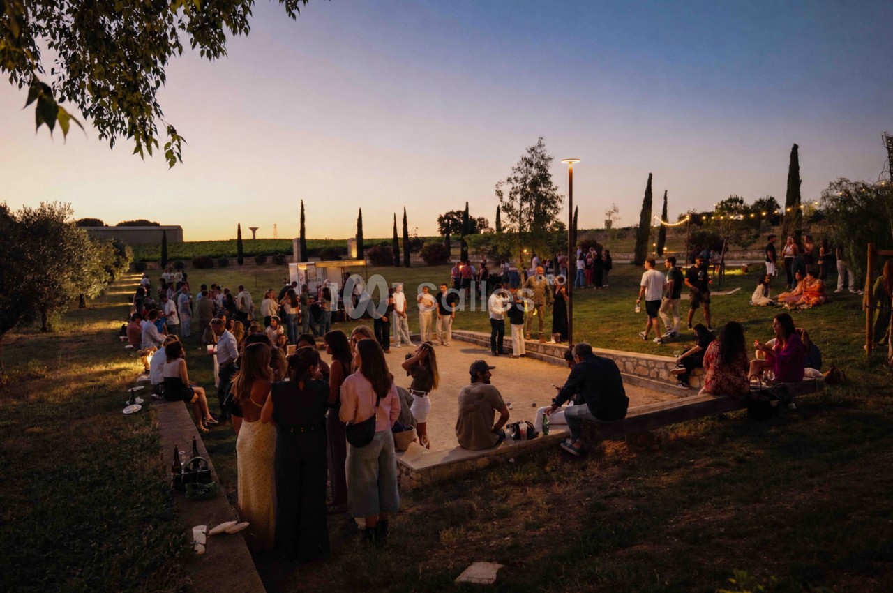 Réception en plein air au coucher du soleil avec convives dispersés sur une terrasse et pelouse bordées de cyprès.