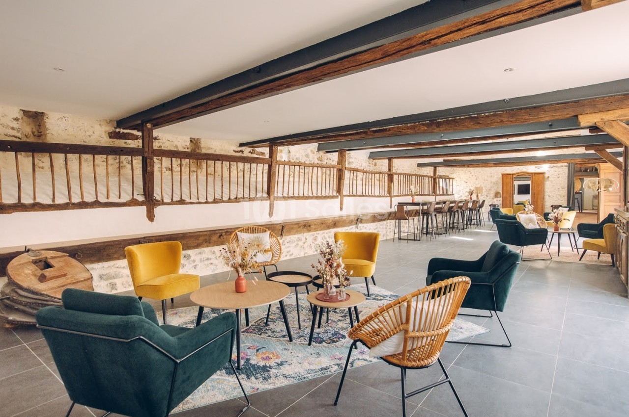 Salle lumineuse avec murs en pierre, poutres apparentes, fauteuils colorés, tables basses et décoration florale.