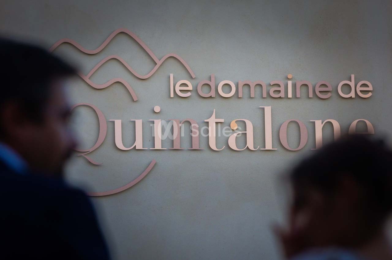 Enseigne murale indiquant ’Le Domaine de Quintalone’ avec des silhouettes floues au premier plan.
