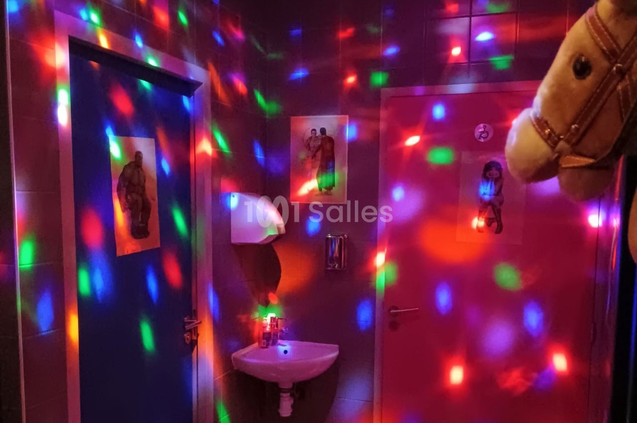 Évier mural dans une pièce sombre éclairée par des lumières colorées, avec deux portes et une tête de cheval en peluche.