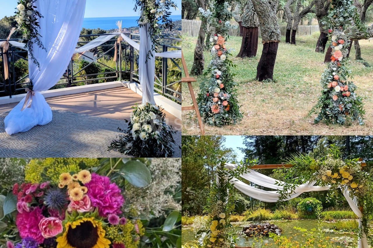 Arches de mariage décorées de fleurs et de voilages dans divers cadres naturels, incluant forêt et jardin.