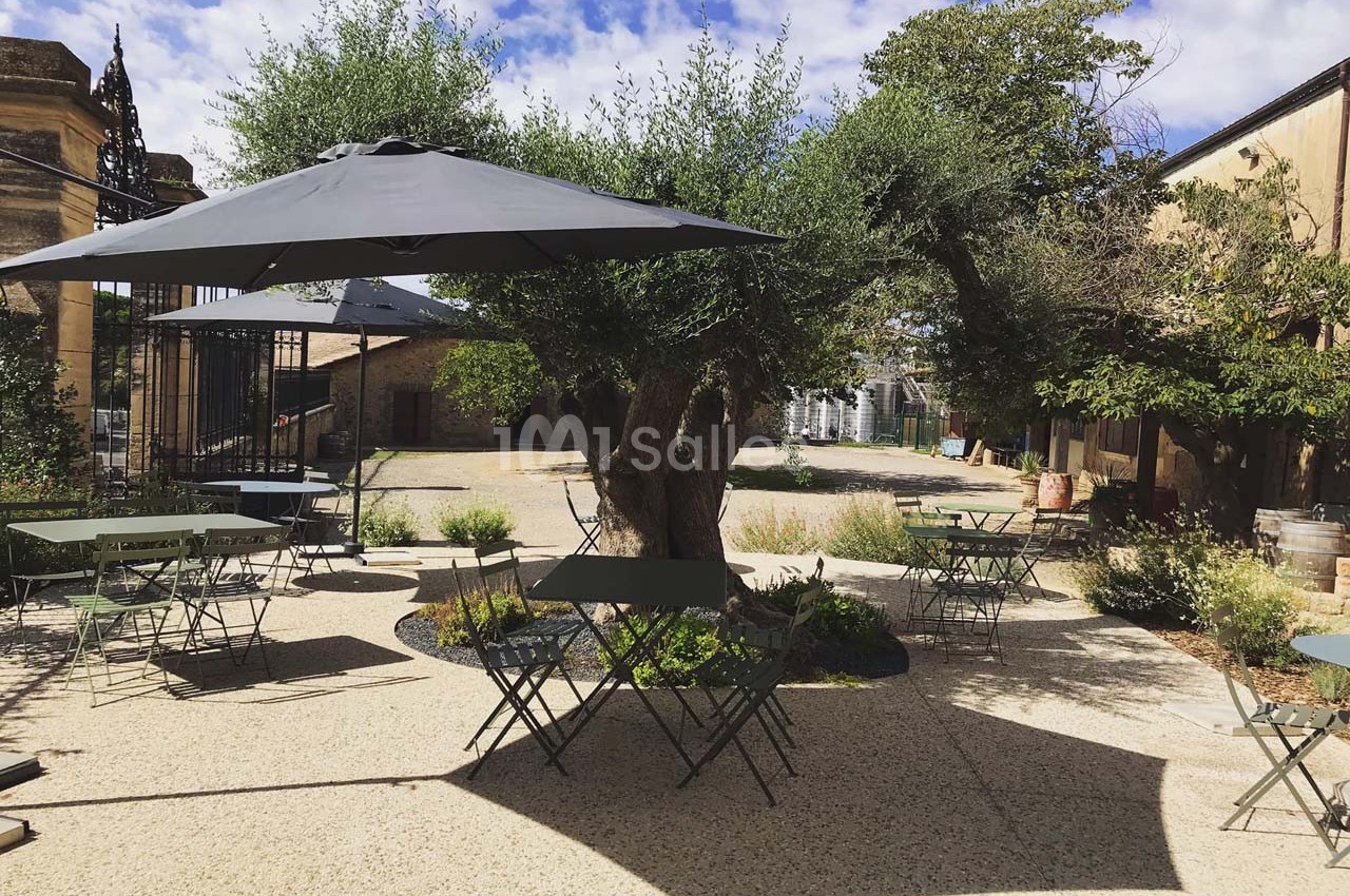Terrasse extérieure avec tables, chaises et parasols, entourée d'arbres et de végétation sous un ciel partiellement nuageux.