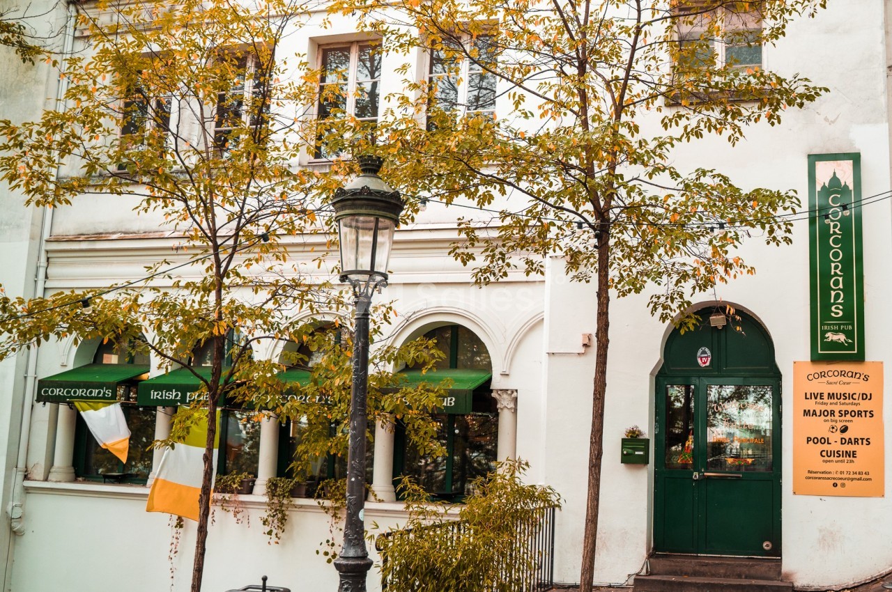Façade d'un pub irlandais avec enseignes vertes, drapeau irlandais et arbres aux feuilles d'automne.