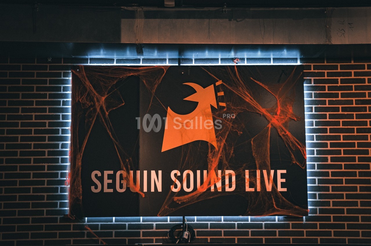Panneau lumineux ’Seguin Sound Live’ sur un mur de briques, décoré de toiles d'araignée.