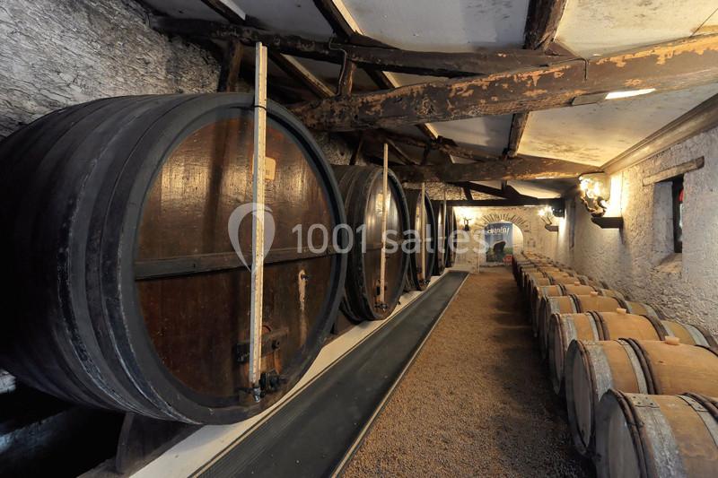 Rangées de tonneaux en bois alignés dans une cave voûtée avec éclairage tamisé.