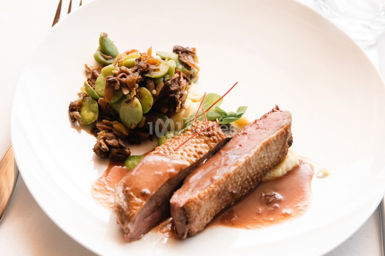 Assiette contenant du magret de canard nappé de sauce, accompagné de légumes sautés et d'une purée.