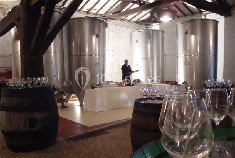 Salle de dégustation avec barriques, verres de vin et cuves en inox, un homme debout près d'une table dressée.