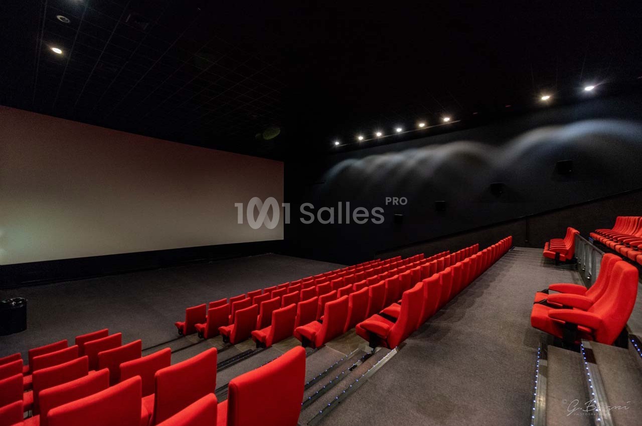Salle de cinéma vide avec des rangées de fauteuils rouges et un grand écran blanc.