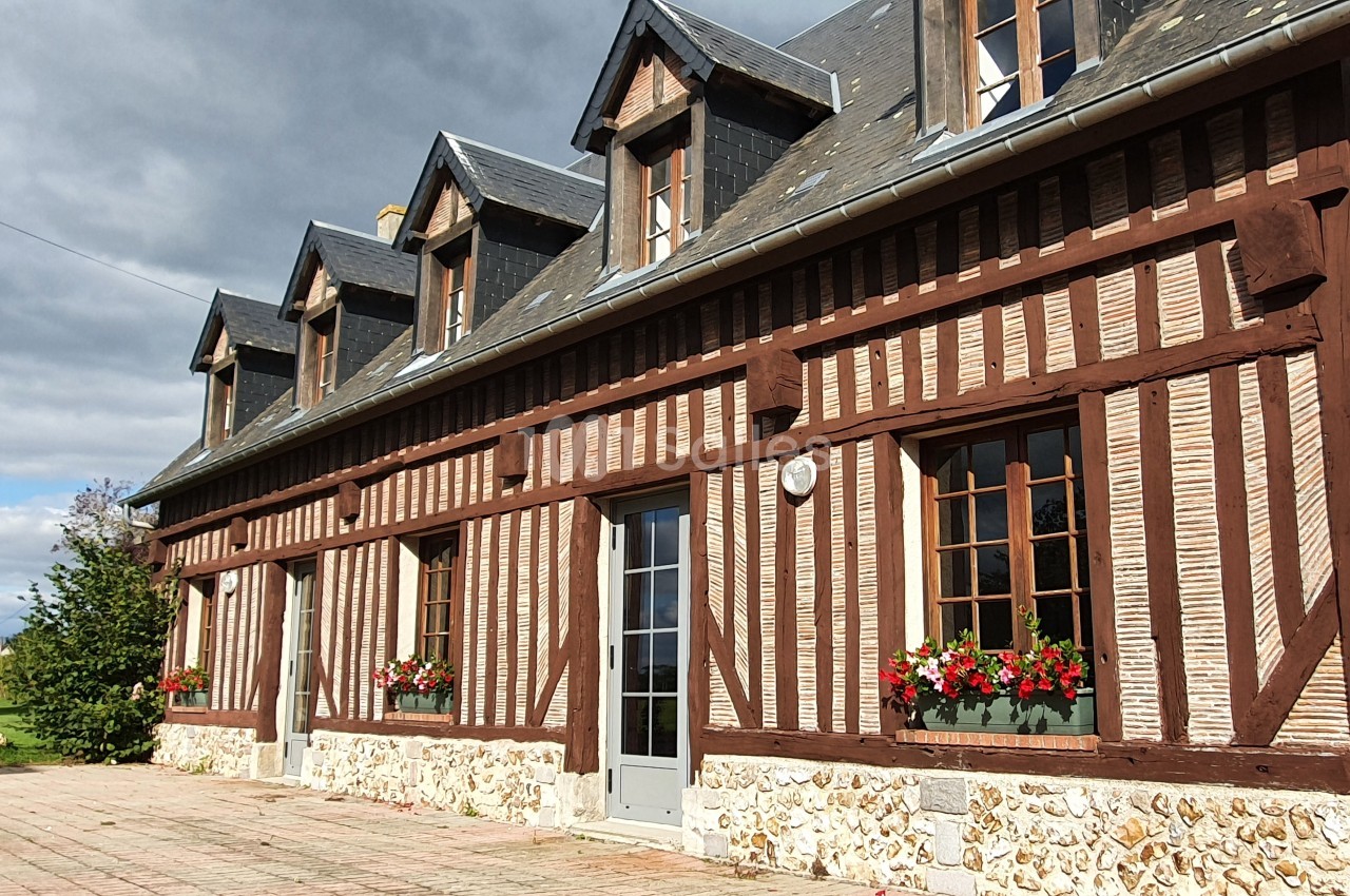 Façade d'une maison à colombages avec fenêtres fleuries, toit en ardoise et ciel nuageux en arrière-plan.