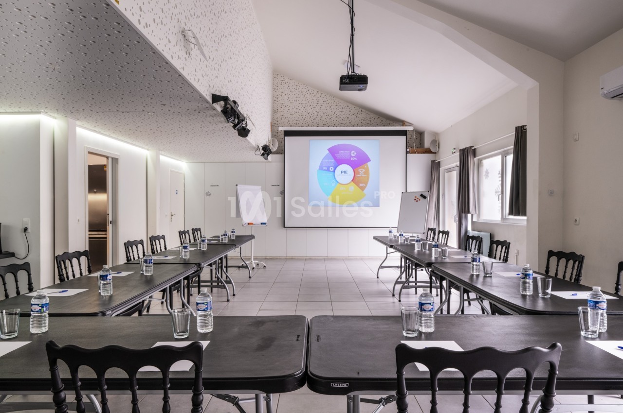 Salle de réunion lumineuse avec tables disposées en U, écran de projection, paperboards et bouteilles d'eau.