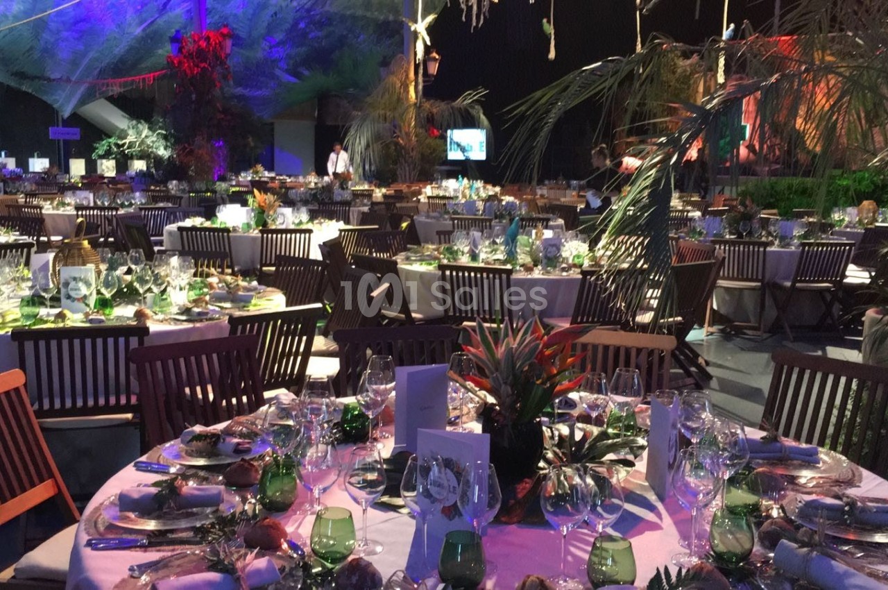 Salle décorée pour un événement avec des tables rondes dressées, ornées de plantes et de vaisselle élégante.