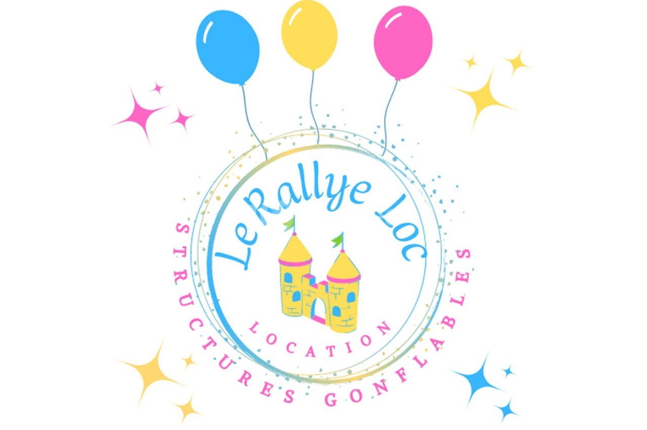 Logo coloré avec deux châteaux gonflables, quatre ballons et des étoiles, accompagné du texte ’Le Rallye Loc - Location…