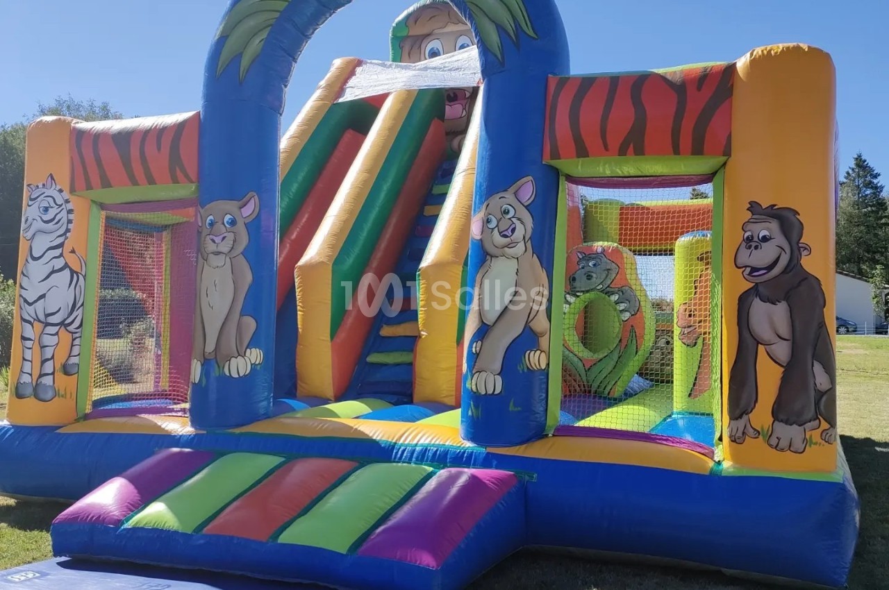Structure gonflable colorée avec des illustrations d'animaux et un toboggan, installée sur une pelouse en extérieur.