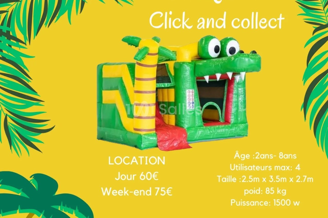 Structure gonflable verte en forme de crocodile avec toboggan, entourée de feuilles tropicales, texte descriptif inclus.