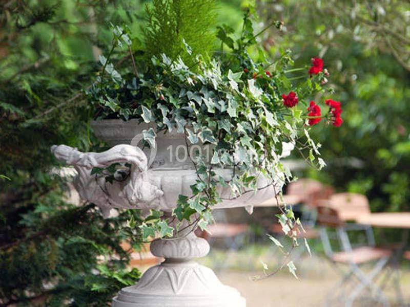 Vase en pierre orné de lierre, de fougères et de fleurs rouges, placé dans un jardin verdoyant.