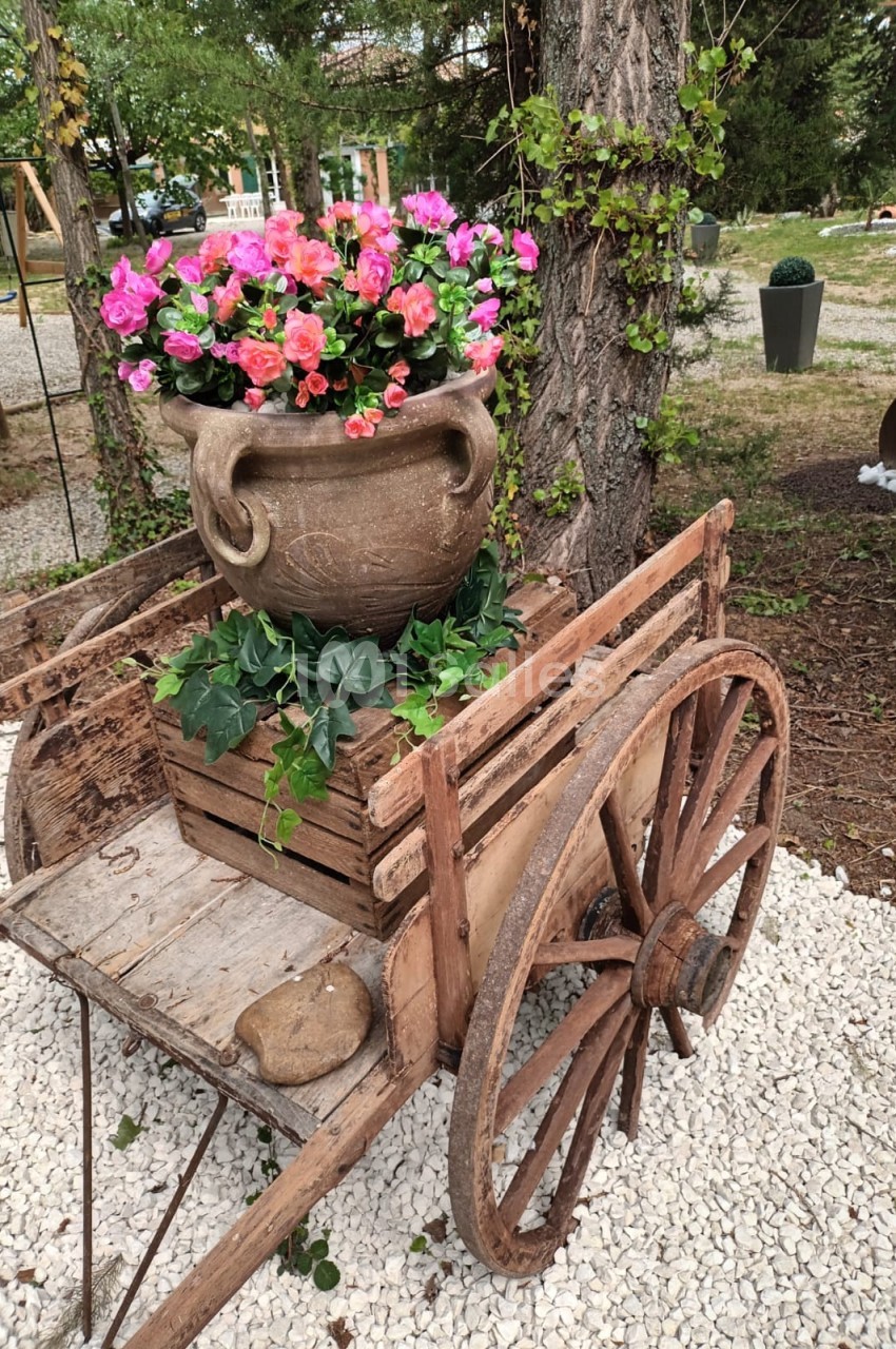 Charrette en bois ancien ornée d'un pot en terre cuite rempli de fleurs colorées, posée sur des graviers dans un jardin.