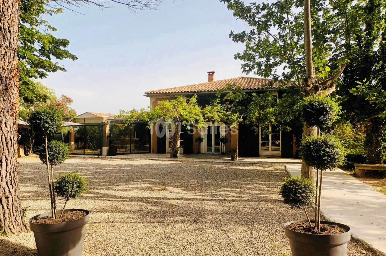 Cour extérieure avec gravier, arbres et arbustes en pots, devant une maison à toit en tuiles entourée de verdure.