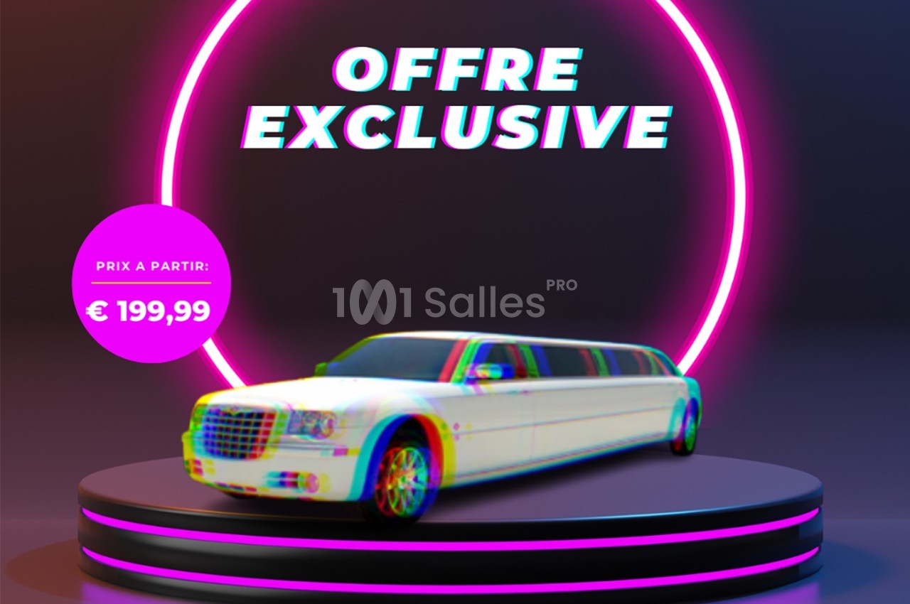 Limousine blanche sur une plateforme éclairée par des néons roses avec le texte ’Offre exclusive’ et un prix affiché.