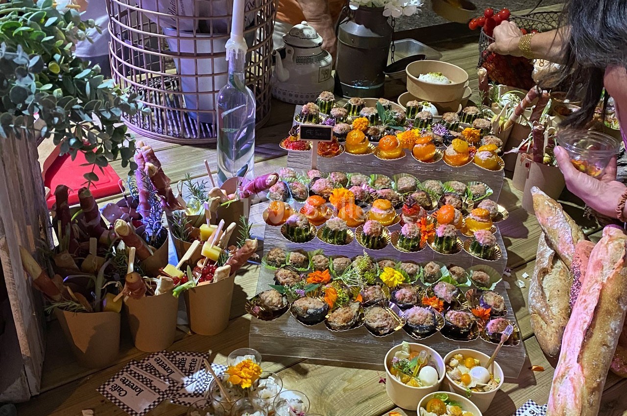 Buffet coloré avec verrines, brochettes et pains, présenté sur une table en bois décorée de fleurs et plantes.