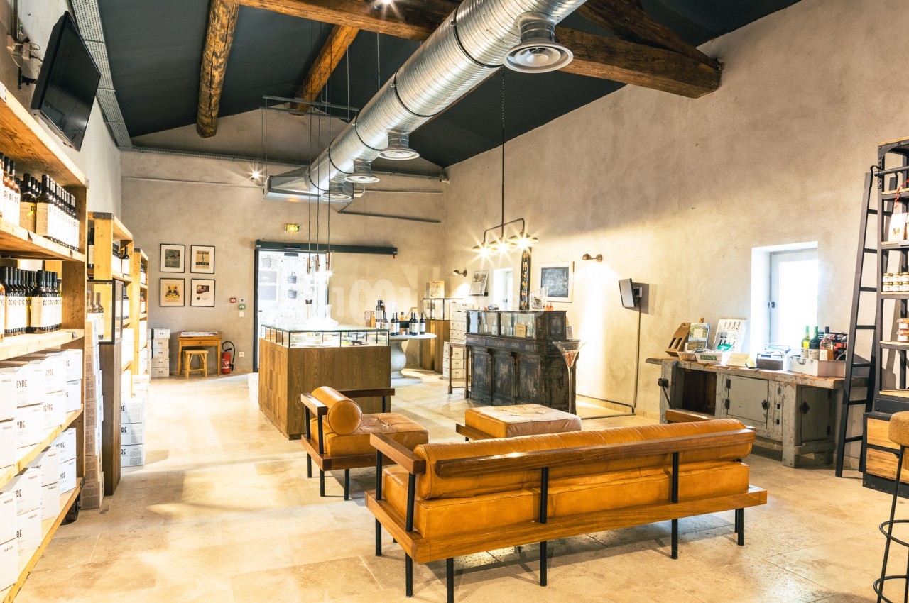 Intérieur lumineux d'une boutique avec canapés en cuir, étagères de produits et plafond aux poutres apparentes.