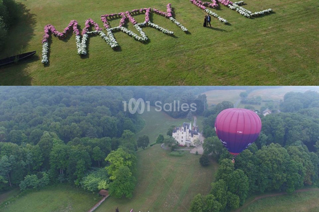 Vue aérienne d'une demande en mariage avec des fleurs formant ’Marry Me’ sur une pelouse, près d'un château et d'une…