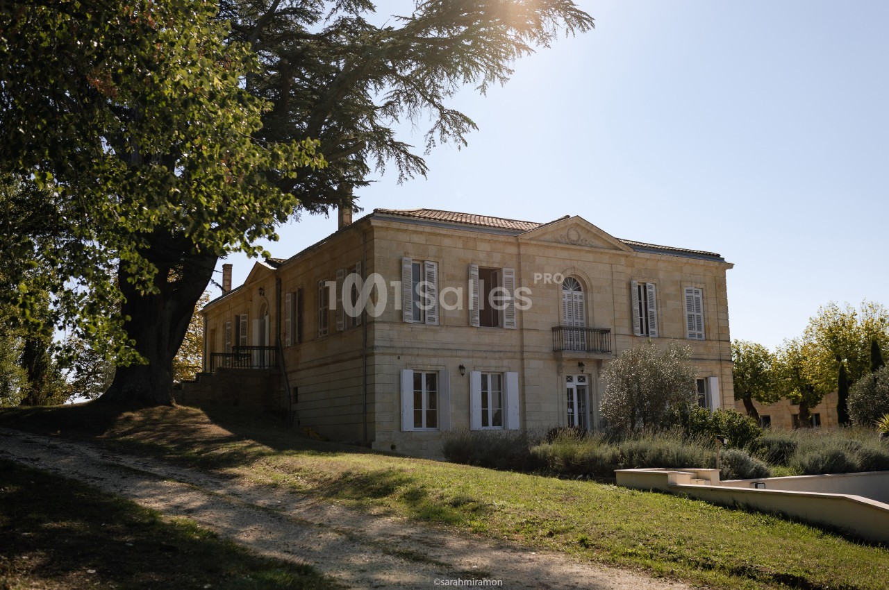 Grande maison en pierre de style classique entourée d'arbres et de verdure sous un ciel ensoleillé.