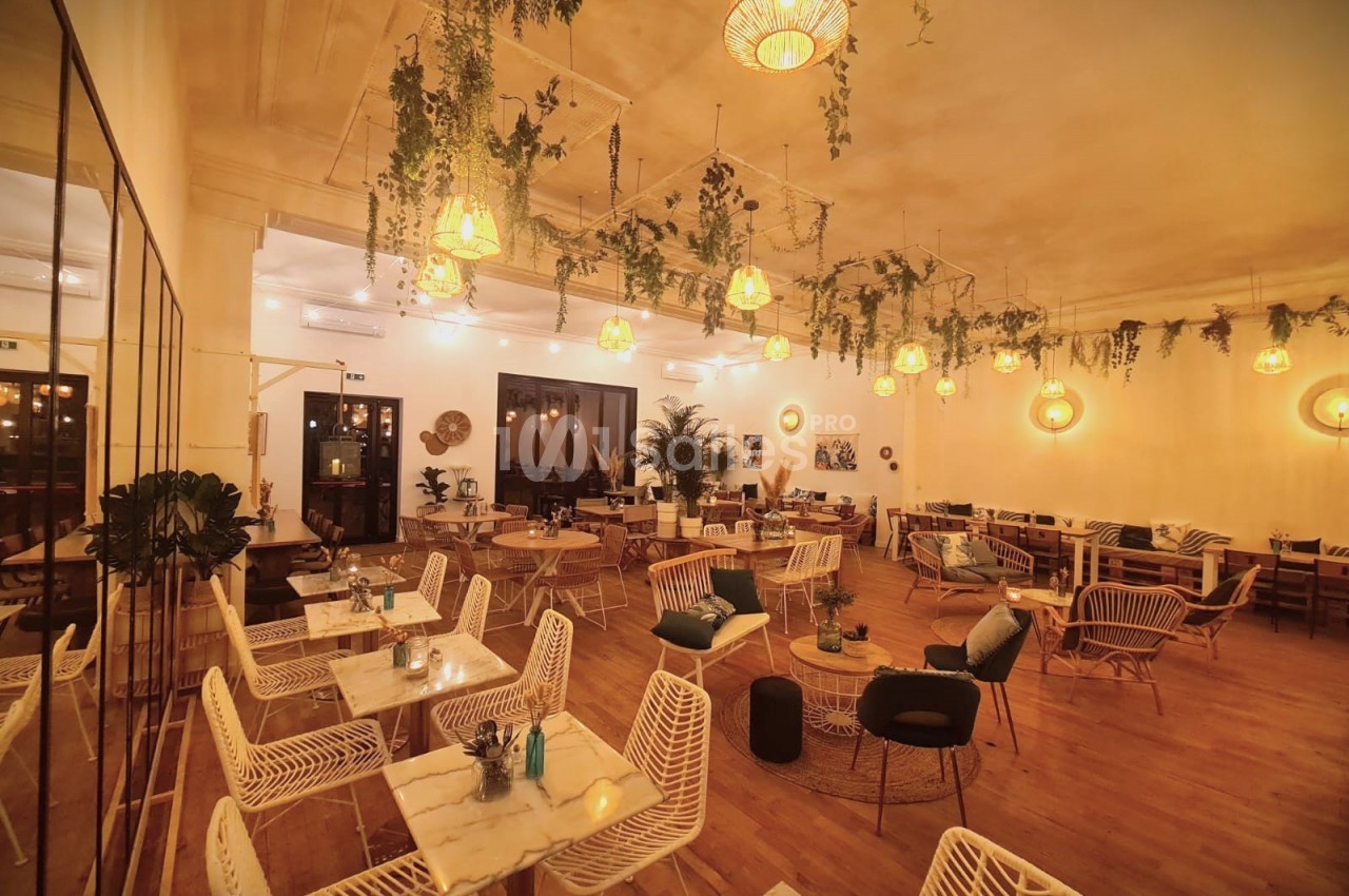 Salle de restaurant chaleureuse avec éclairage tamisé, plantes suspendues et mobilier en bois et métal.