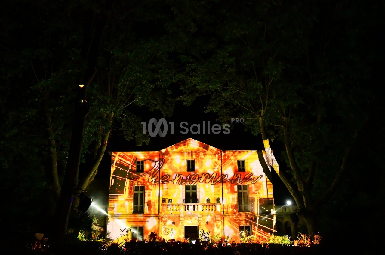 Façade d'un bâtiment illuminée par des projections lumineuses colorées dans un environnement nocturne.