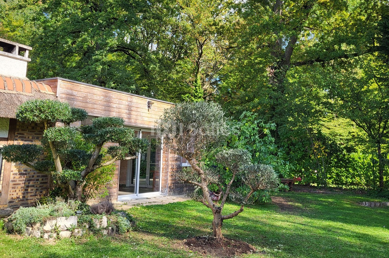 Maison en bois avec de grandes baies vitrées, entourée d'arbres et d'un jardin verdoyant sous un ciel ensoleillé.