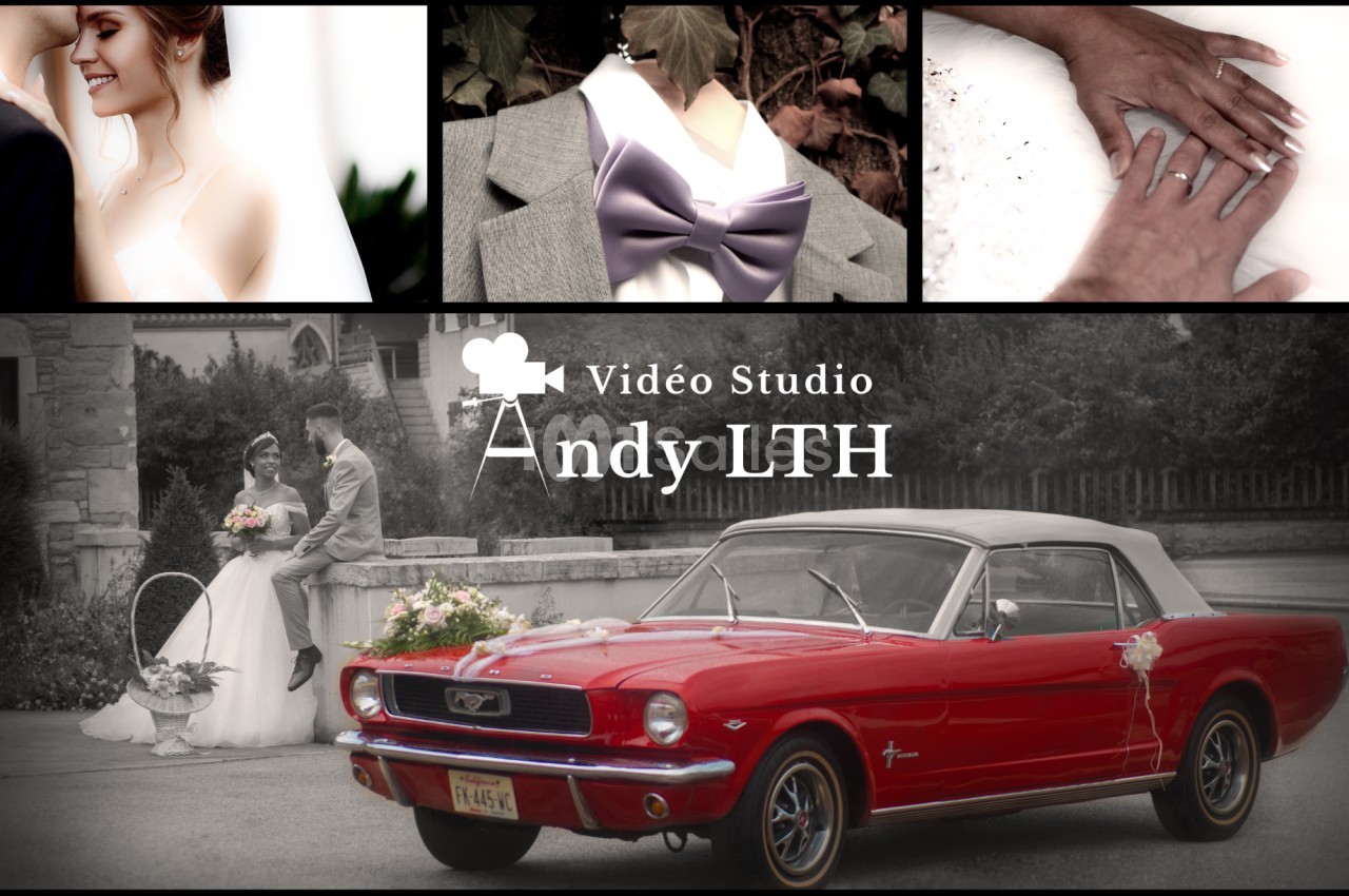 Montage photo d'un mariage avec des détails de la cérémonie, des mariés et une voiture ancienne décorée.