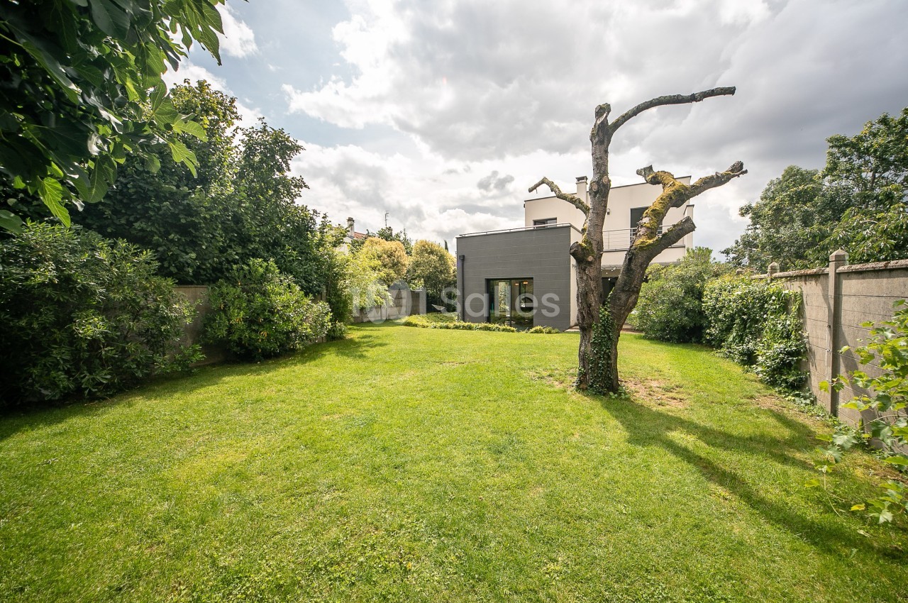 Jardin avec pelouse, arbre taillé, haies verdoyantes et maison moderne en arrière-plan sous un ciel partiellement nuageux.