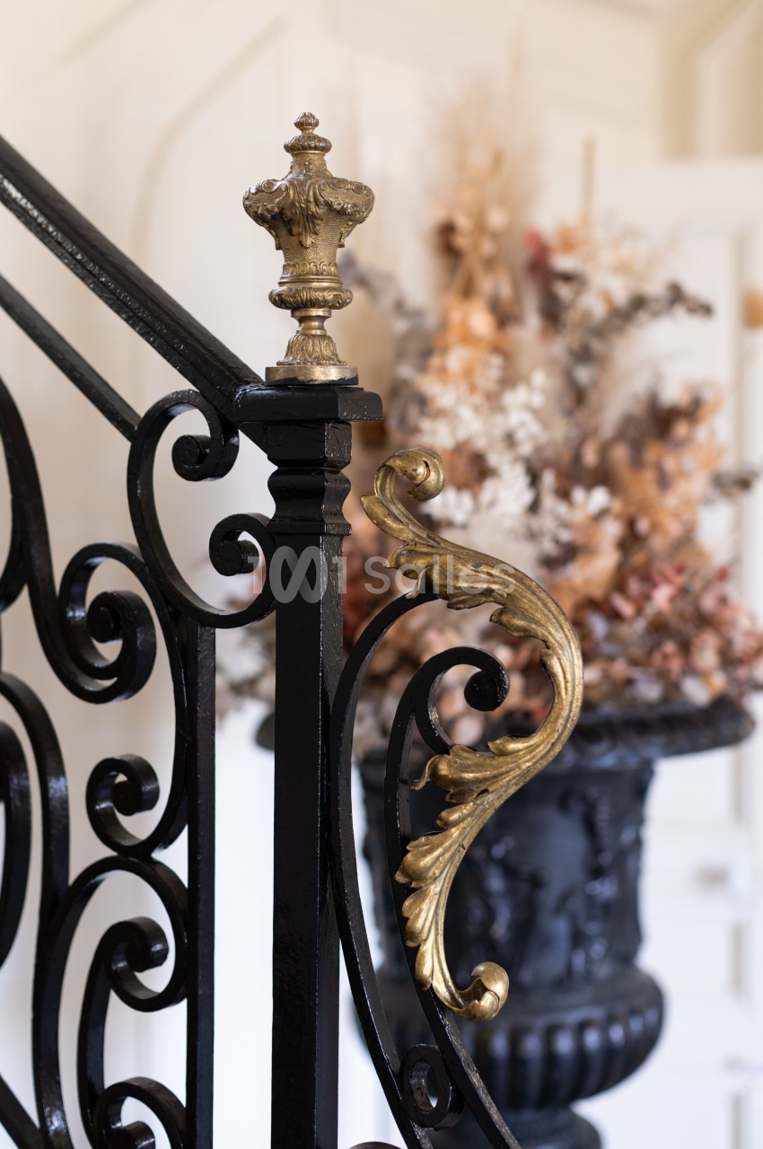 Détail d'une rampe d'escalier en fer forgé noir avec ornements dorés, vase décoratif en arrière-plan flou.