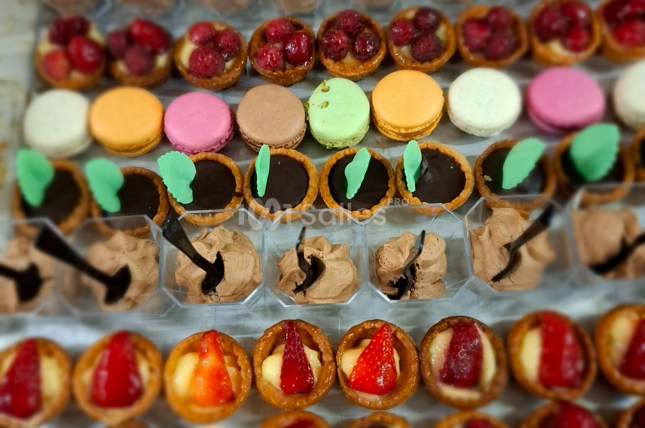 Plateau de desserts variés comprenant macarons, tartelettes aux fruits et chocolats, disposés en rangées colorées.
