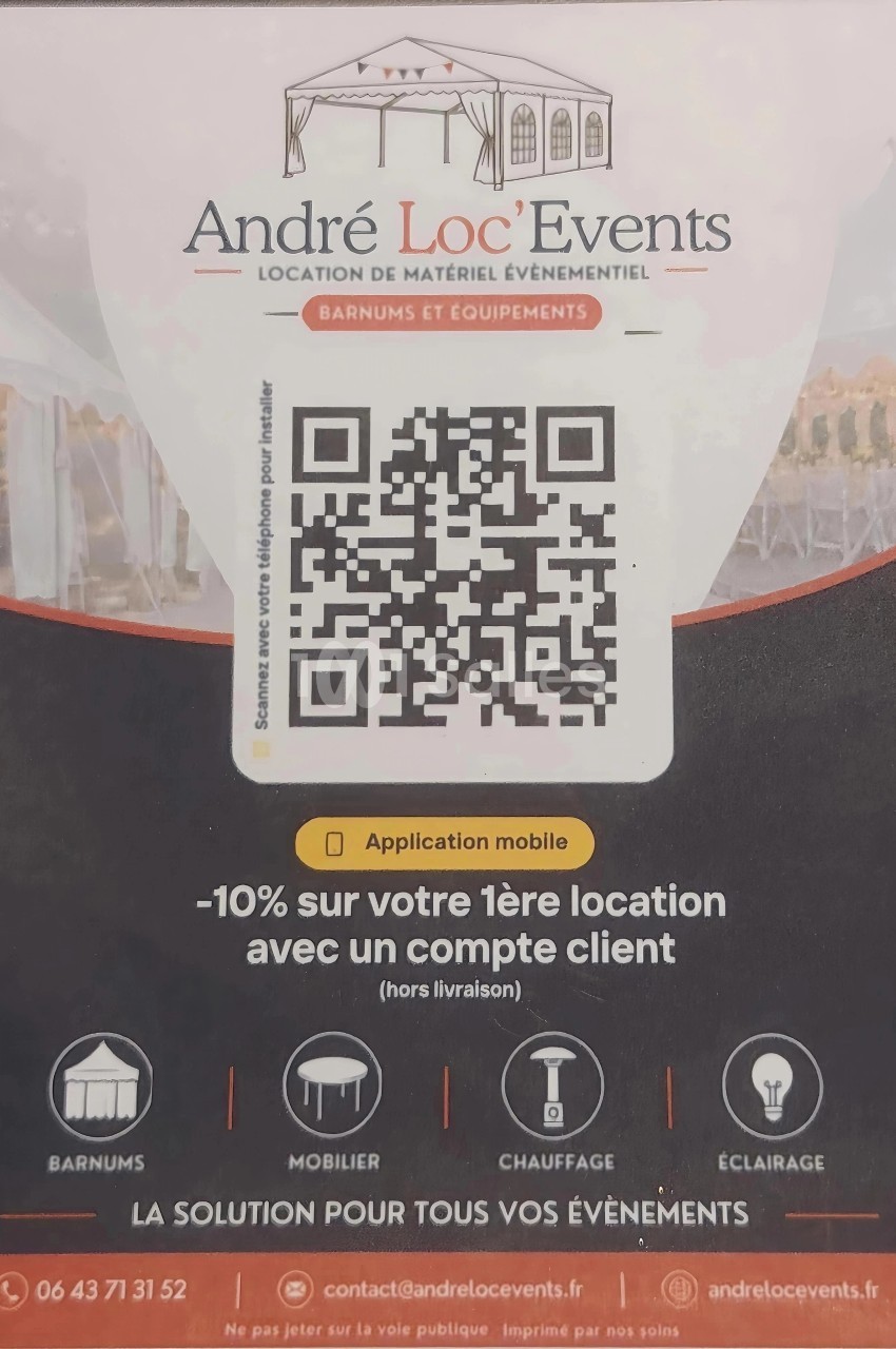 Flyer promotionnel d'une entreprise de location d'équipements événementiels avec QR code et offre de réduction.
