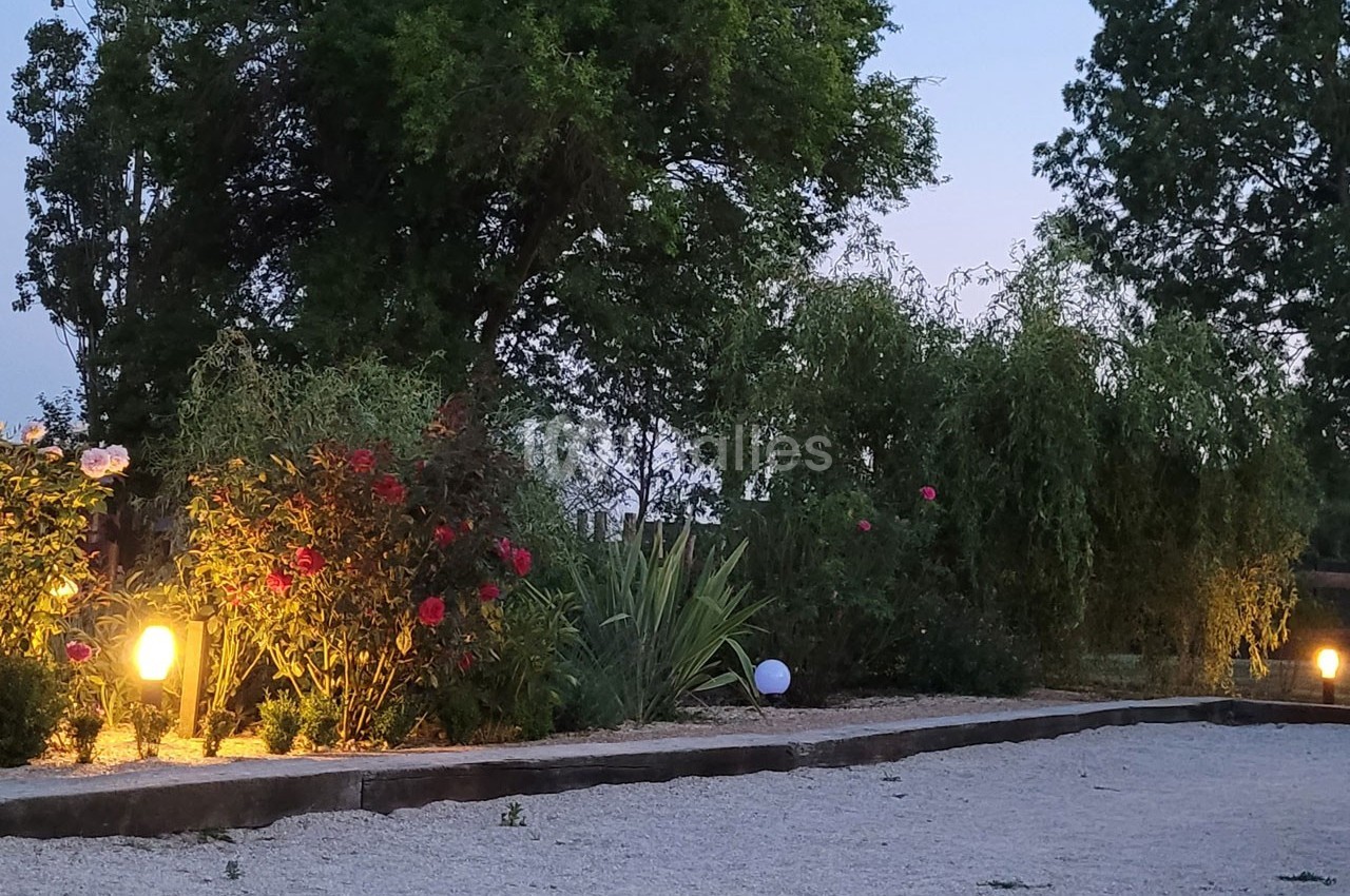 Jardin en soirée avec des arbustes fleuris, éclairé par des lampes au sol, entouré d'arbres et de végétation.