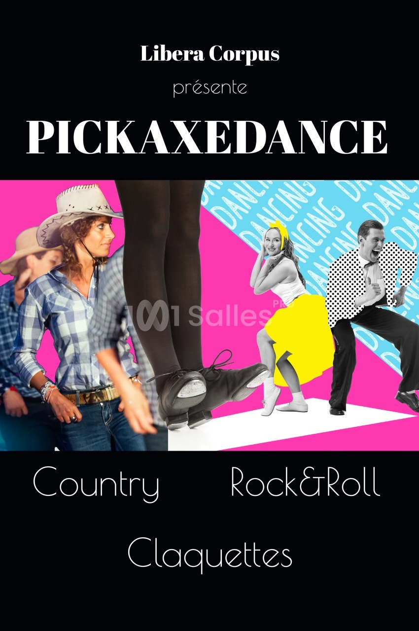 Affiche colorée présentant des danseurs de country, rock & roll et claquettes avec des éléments visuels dynamiques.