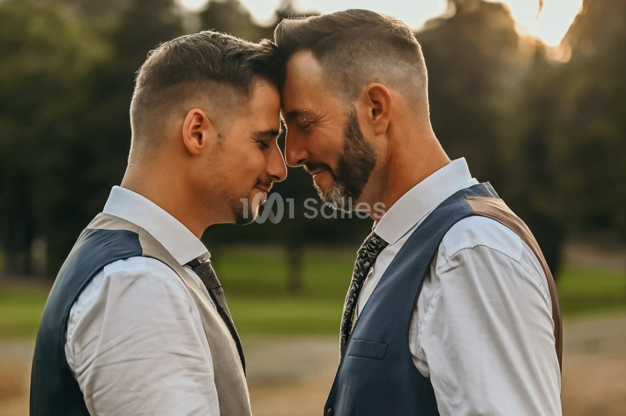Deux hommes en gilets et chemises blanches se tiennent tête contre tête dans un parc au coucher du soleil.