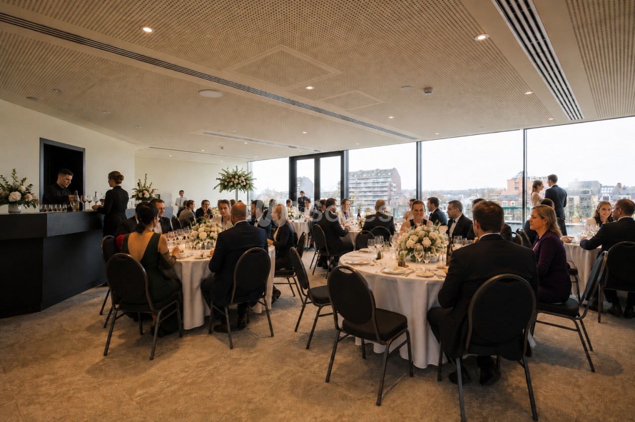 Salle de réception lumineuse avec des invités assis à des tables rondes, décorées de fleurs blanches.