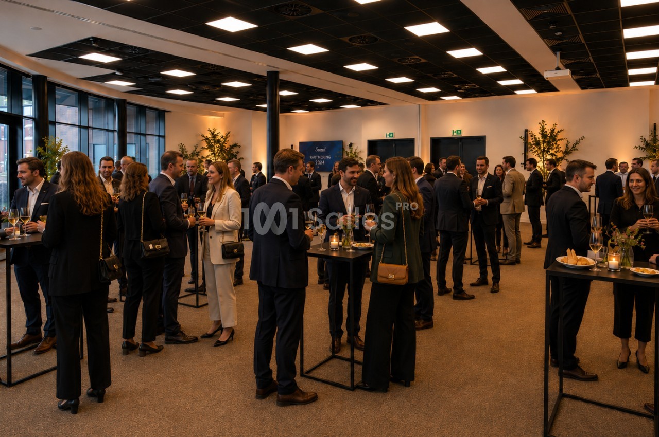 Des personnes en tenue professionnelle discutent debout autour de tables hautes dans une salle lumineuse.