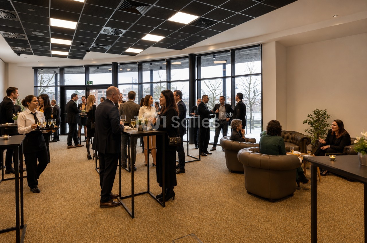 Personnes échangeant debout ou assises dans une salle lumineuse aménagée pour un événement professionnel.