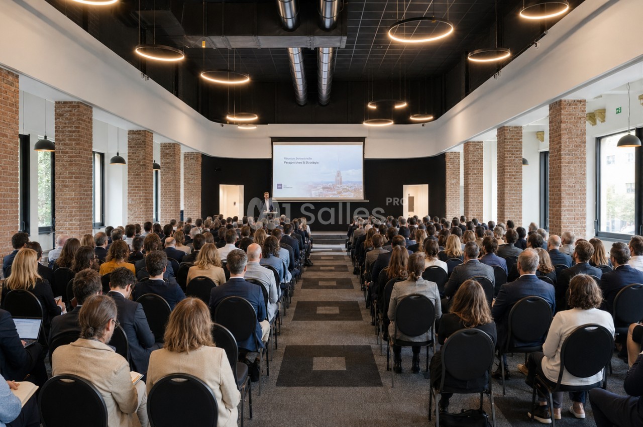 Salle de conférence avec un public assis face à un écran de projection, entourée de murs en briques et grandes fenêtres.
