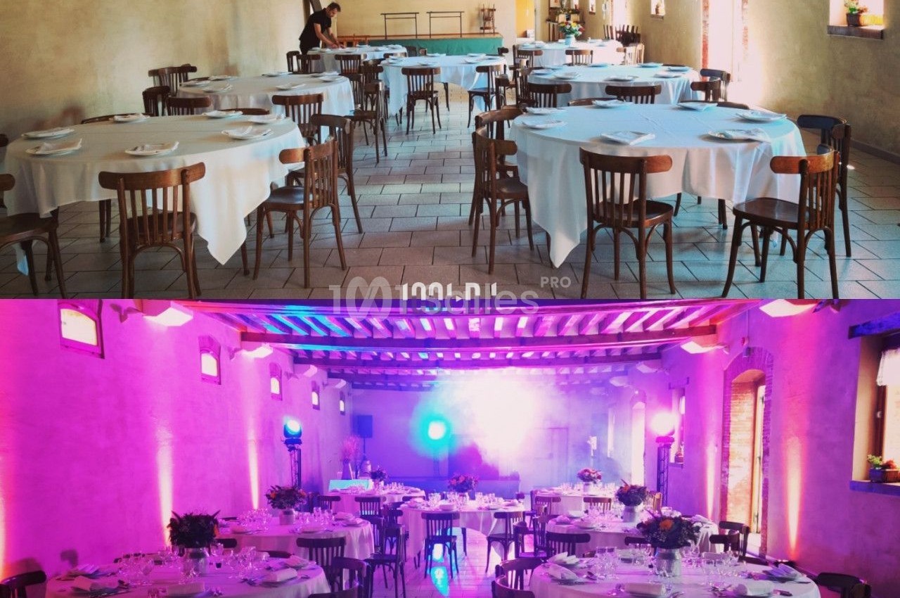 Salle de réception avec tables rondes dressées, montrée en éclairage naturel puis en ambiance lumineuse colorée.