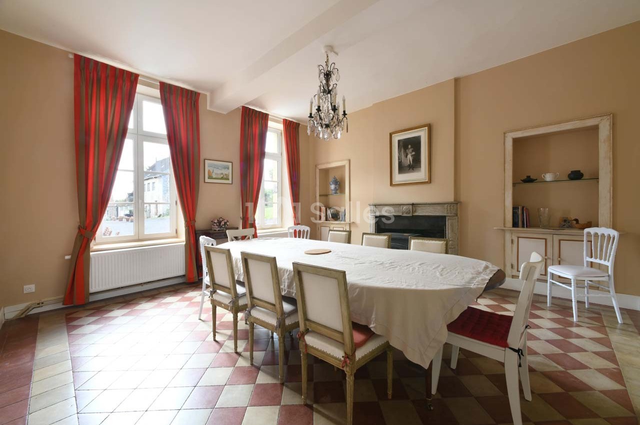 Salle à manger lumineuse avec table rectangulaire, chaises, cheminée, lustre et grandes fenêtres encadrées de rideaux rouges.