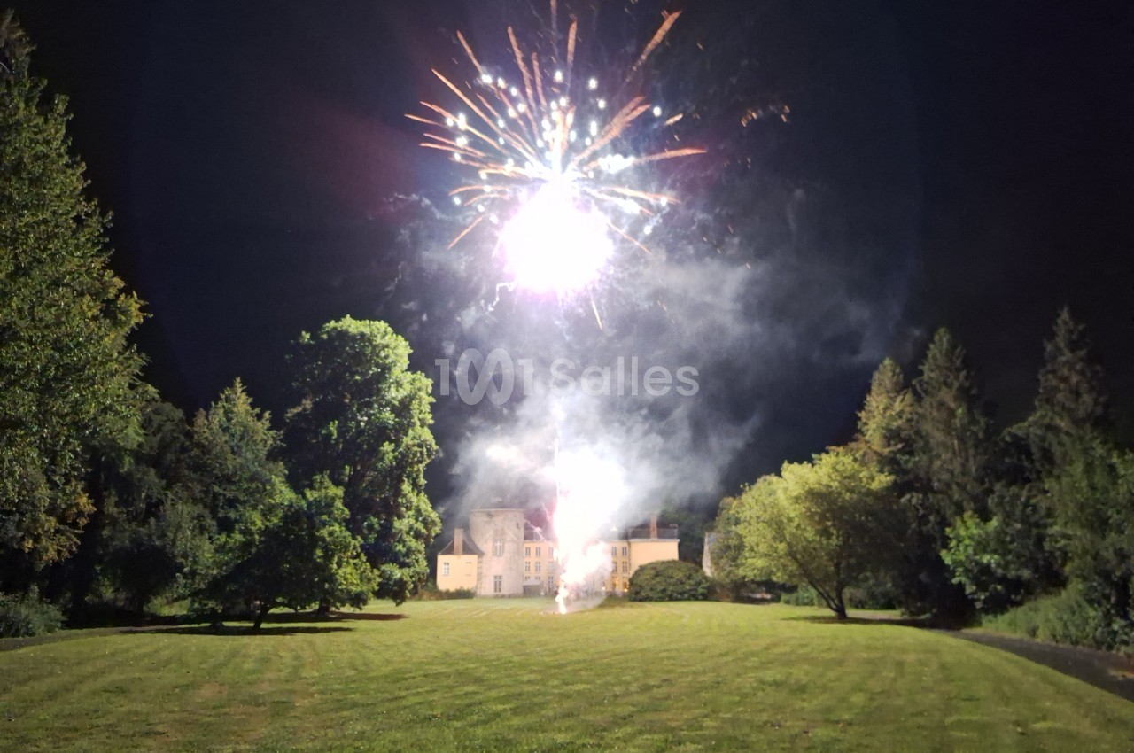 Feu d'artifice illuminant un jardin et une maison en arrière-plan, entourés d'arbres, de nuit.