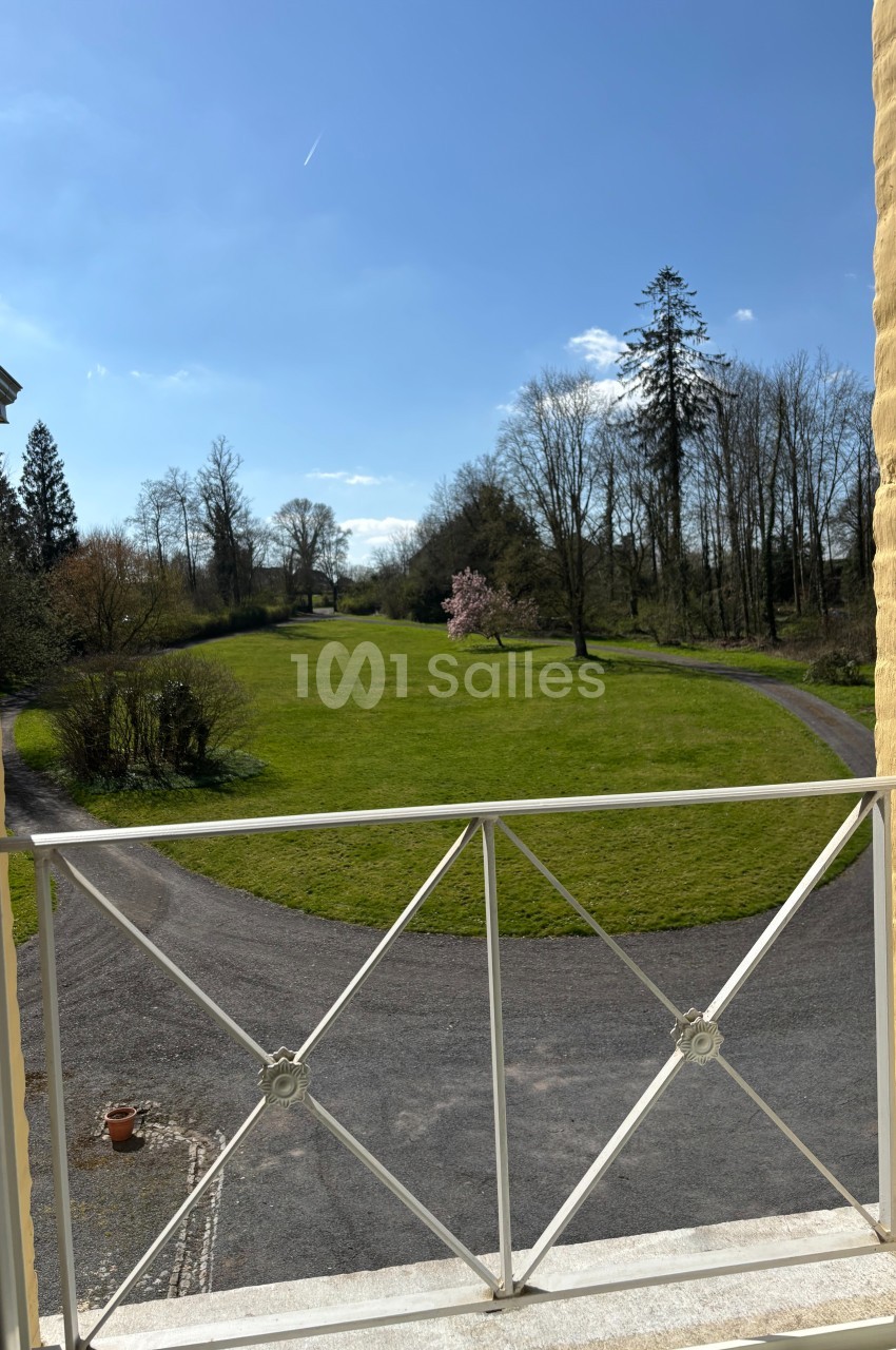 Vue depuis une fenêtre sur un jardin avec pelouse, allée sinueuse, arbres et ciel bleu en arrière-plan.