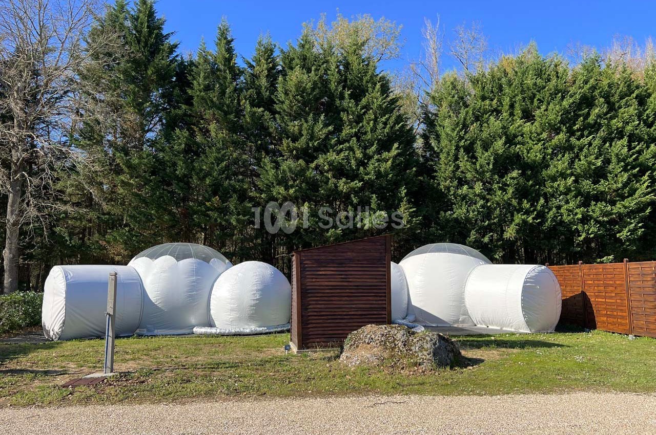 Ensemble de bulles transparentes blanches installées dans un espace extérieur entouré d'arbres et de clôtures en bois.