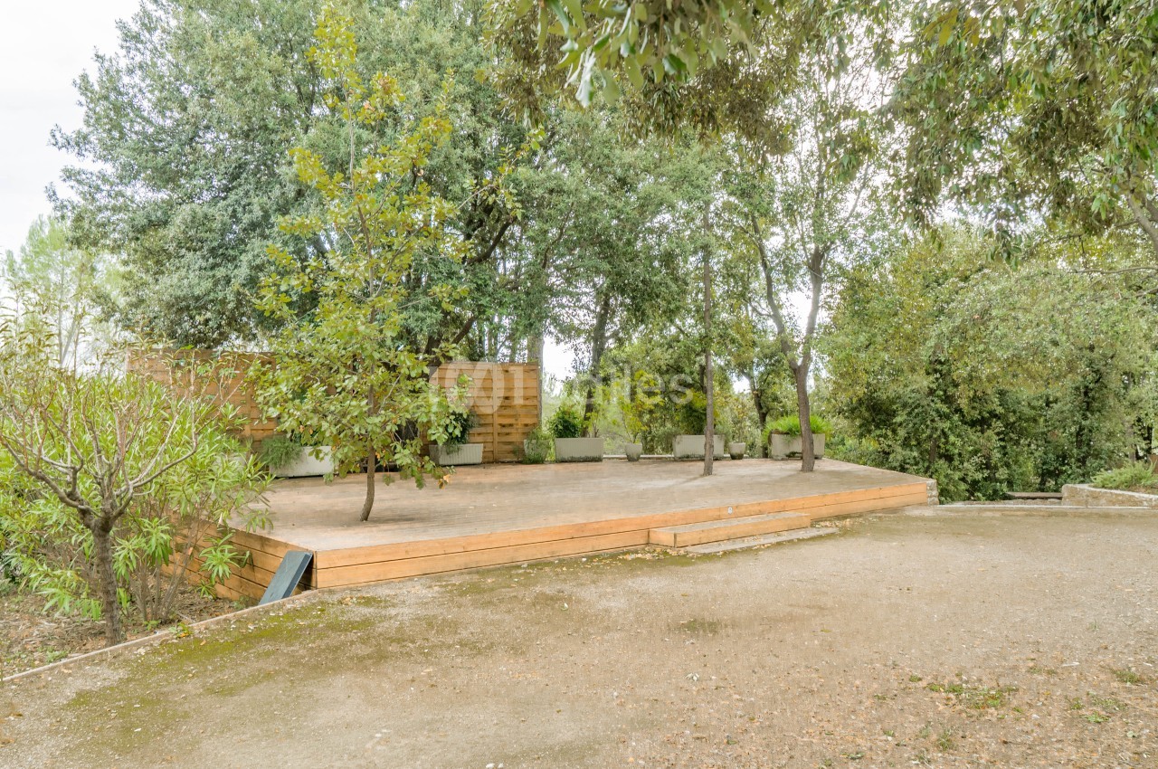 Espace extérieur ombragé par de grands arbres avec plateforme surélevée en bois et pavillon dans la verdure.