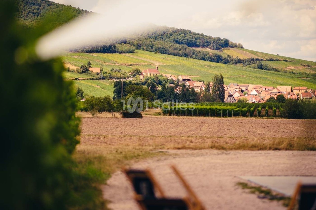 Village entouré de vignes et de collines verdoyantes sous un ciel partiellement nuageux.
