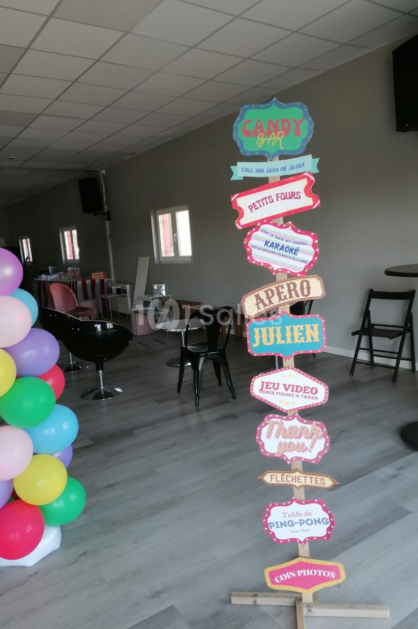Panneau coloré indiquant différentes activités et espaces festifs dans une salle décorée avec des ballons.
