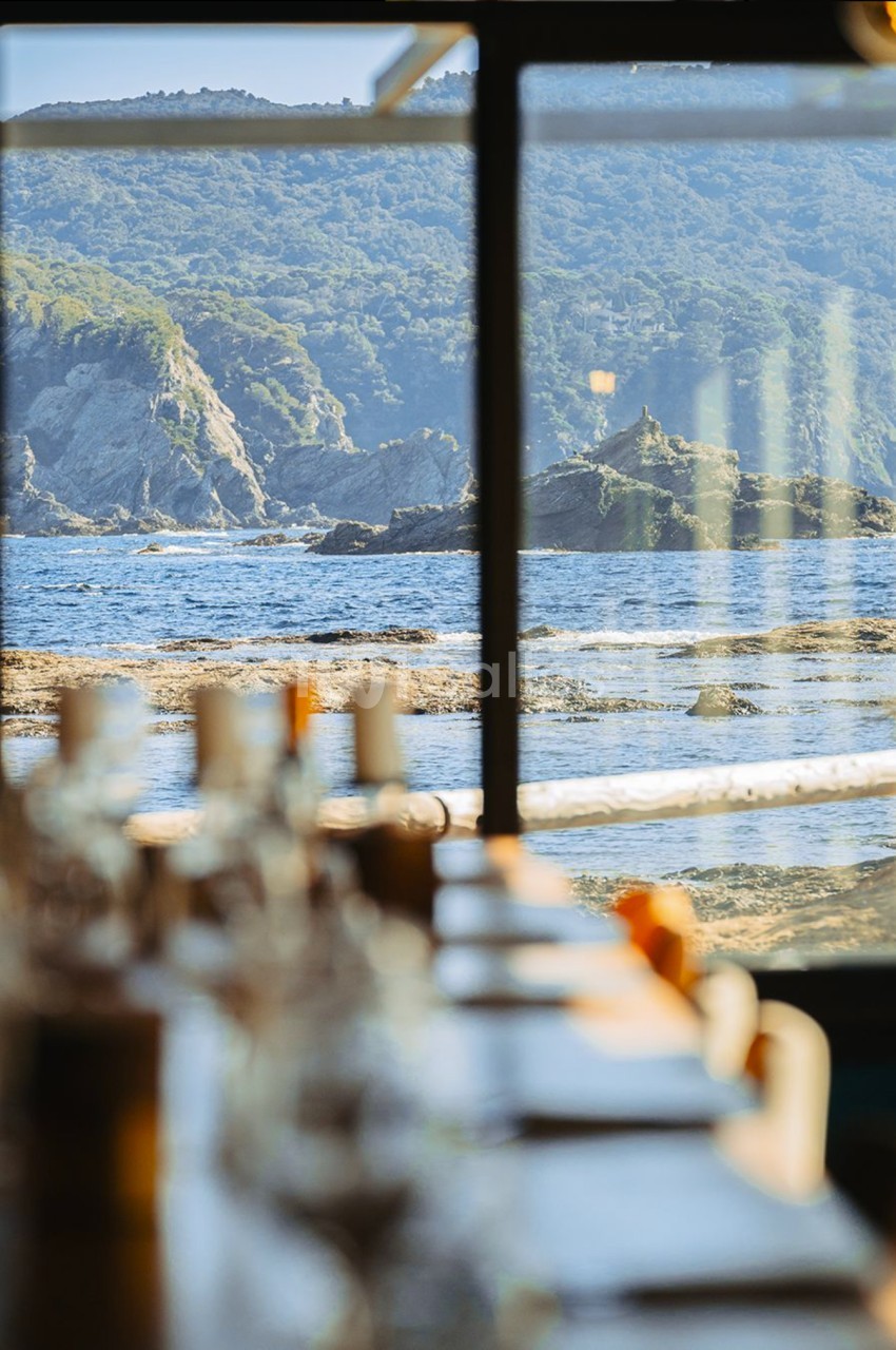 Vue sur la mer et les falaises à travers une fenêtre, avec une table dressée floutée au premier plan.